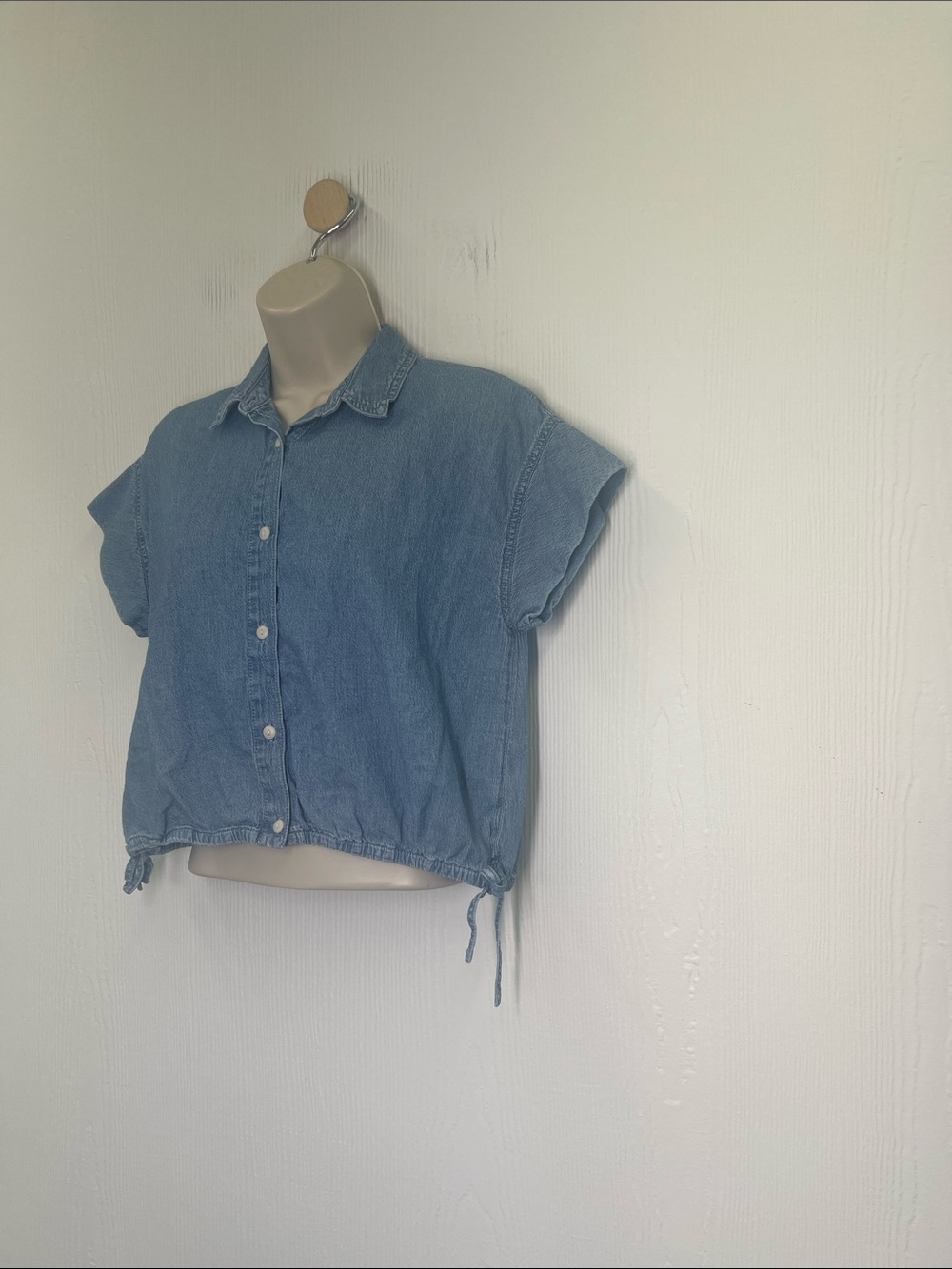 Madewell - Lightwash Button Down Cotton Side Tie Short Sleeve Blouse Size Small - Picture 5 of 9